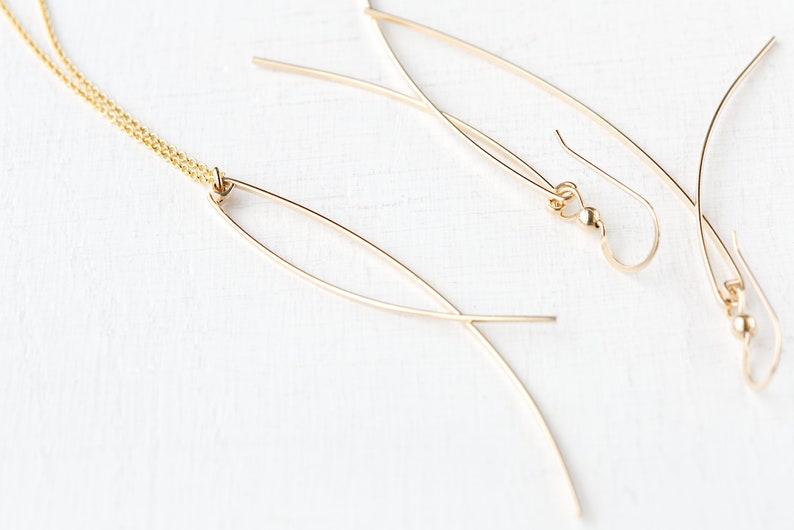 Handmade 14K Gold Filled Double Curved Bar Drop Earrings