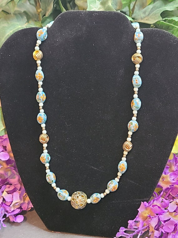 Cloisonne Blue Floral Beaded with Gold Tone Beads 