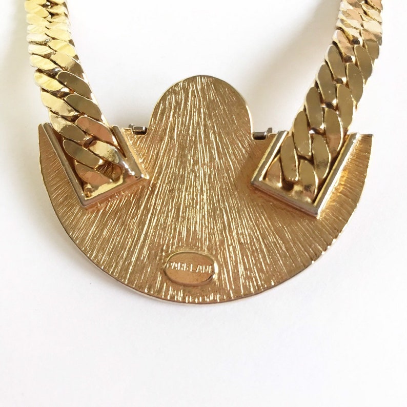 VTG 1970s Signed Parklane Gold Chain Faux Pearl Rhinestone Fan Necklace