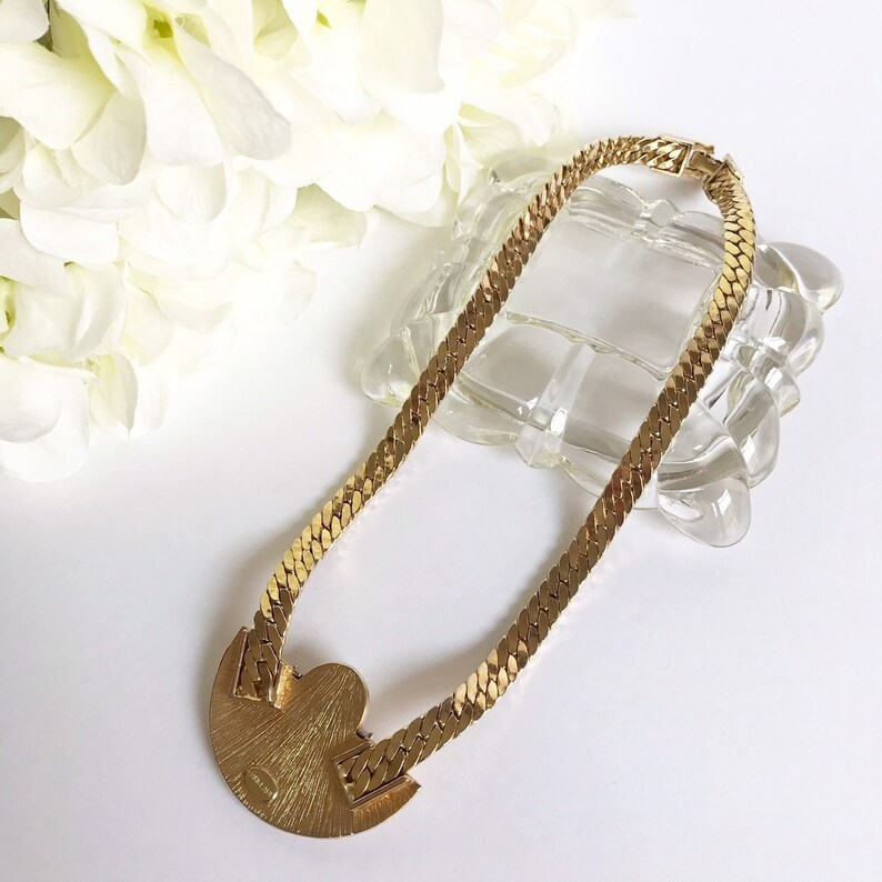 VTG 1970s Signed Parklane Gold Chain Faux Pearl Rhinestone Fan Necklace