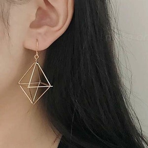 Gold Hollow Geometric Design Drop Dangle Earrings I Gold Statement Earrings I 3D I Quirky I Formal I Picasso I Everyday I Simple