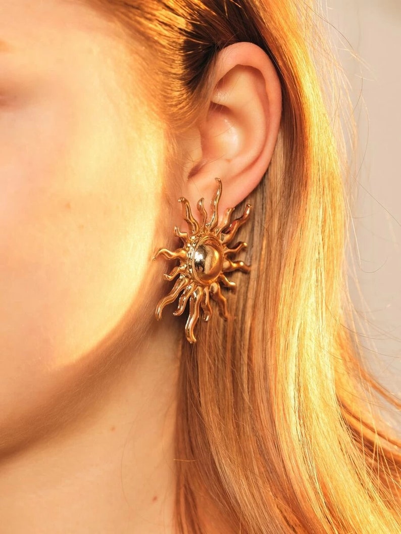 Golden Sun Shaped Stud Earrings Trendy Gold Statement Earrings Gold Earrings Boho Jewelry Gifts under 20 Quirky Earring Art Deco Earring