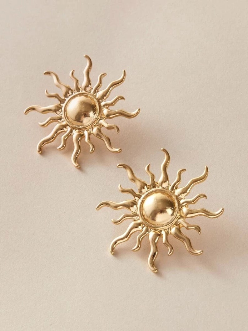 Golden Sun Shaped Stud Earrings Trendy Gold Statement Earrings Gold Earrings Boho Jewelry Gifts under 20 Quirky Earring Art Deco Earring