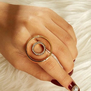 Double Circle Rhinestone Adjustable Statement ring gold, Quirky Oversized ring, Large cocktail ring  Chunky ring, Geometric ring