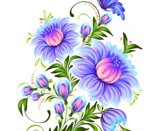 May include: A vibrant floral illustration featuring large blue flowers with pink centers, green leaves, and a blue butterfly. The artwork has a whimsical style with detailed brushstrokes and a white background.