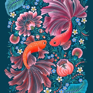 Instant download Traditional Ukrainian Petrykivka Painting , Decorative Floral Illustration Wall Art,Digital  Fish Art
