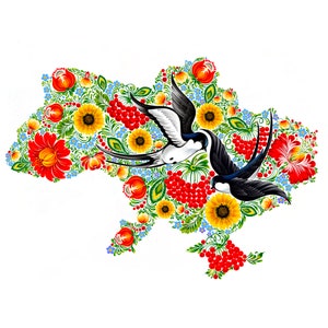 Sofortiger Download Traditionelles Petrykivka Gemälde, Digitale Blumen und Vögel Ornament Ukrainisch Landkarte
