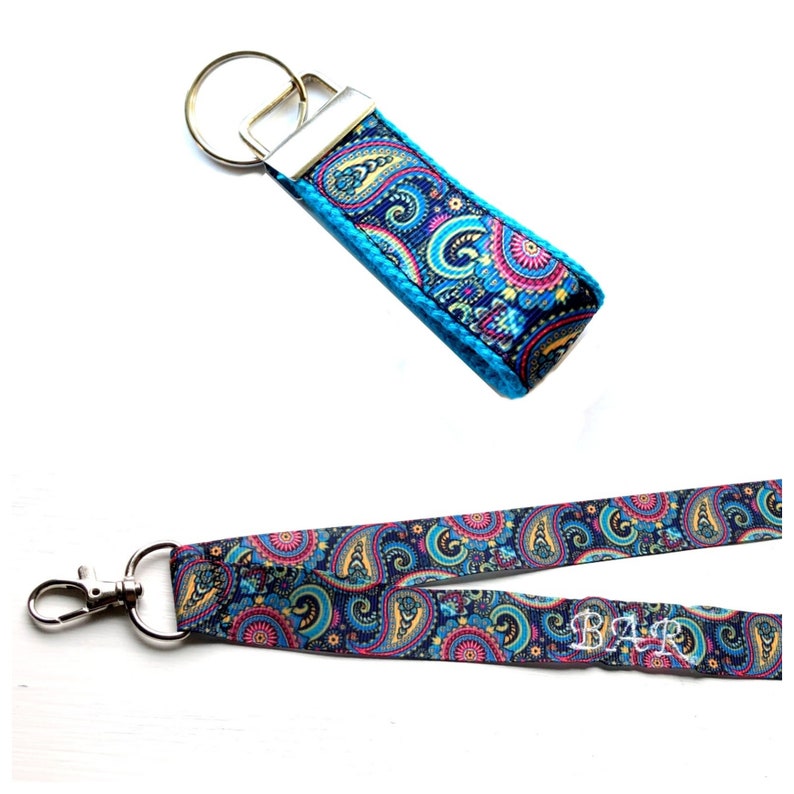 Monogram Teacher Stocking Stuffer Custom Personalized Black Paisley Mini Keychain Lanyard Set Embroidered Paisley Print Keyfob Lanyard
