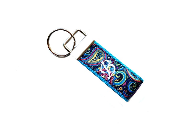 Monogram Teacher Stocking Stuffer Custom Personalized Black Paisley Mini Keychain Lanyard Set Embroidered Paisley Print Keyfob Lanyard