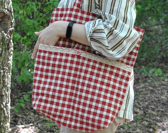 Bolso bandolera textil, Bolso tote, Con bolsillos y puntilla de algodón, Bolso shopping, Estampado cuadros, Vichy
