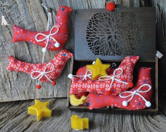 Stoffanhänger, Stoffschmuck, Vögel, Rot, Blau, Weihnachtsgeschenk set