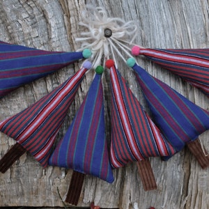 Set of 6 Christmas ornaments, Blue red stipes, Mini trees Fabric ornaments