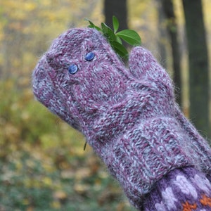 Wollen wanten, dameswanten, gebreide wanten, handgebreide wanten, paars, uil, kabelgebreide wanten, aangepaste wanten, wintercadeau