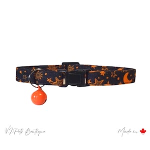 Black w/ Orange Moons & Stars Cat Collar | Halloween | Celestial | Moon | Fall | Kitten | Bell Included | FREE CAN SHIPPING