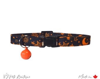 Black w/ Orange Moons & Stars Cat Collar | Halloween | Celestial | Moon | Fall | Kitten | Bell Included | FREE CAN SHIPPING