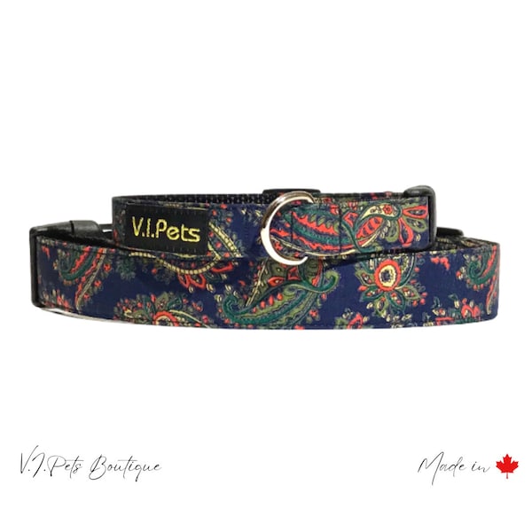 Navy Blue w/ Green & Red Paisley Print Dog Collar | Collier Chien | 5/8"-3/4" | Free CAN Shipping