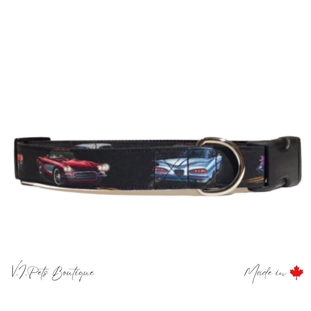 Black W/ Red, Purple & Blue Retro Cars Dog Collar Chevy Chevrolet