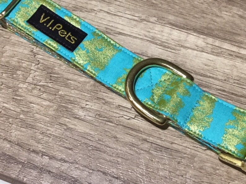 Green Teal with Gold Metallic Fabric Stripes Dog Collar
