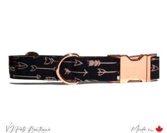 Collier pour chien noir avec flèches métalliques or rose | Collier chien chienne | 5/8&quot;-1,5&quot;