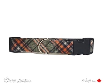 Unisex Plaid Flannel Dog Collar | Collier Chien | Orange Black Green | Winter Fall Collar| 5/8"-1" | Free CAN Shipping