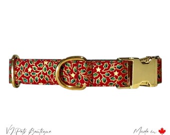 Christmas Wreath & Stars Dog Collar | Xmas Collar | Festive Dog Collar | Holiday Dog Collar | Winter Dog Collar | Metallic Gold | 5/8"-1"