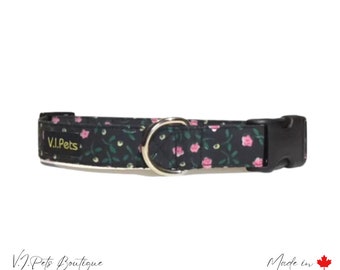 Black w/ Pink Roses Dog Collar | Collier Chienne | Flowers Floral Fleurs Rose | Matching Leash | Laisse du Chienne | 5/8"-1"