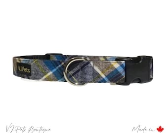 Blue Gray & Yellow Flannel Dog Collar | Collier Chien Chienne | Fall Autumn Autumne | 5/8"-1"