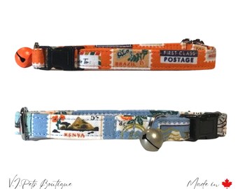 Bon Voyage Postage Stamps Cat Collar | Rifle Paper Co. | Orange or Blue | Kitten | Bell Included | Small-Large | FREE CAN SHIPPING