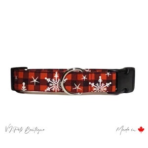 Red & Black Plaid w/ White Snowflakes Dog Collar | Plaid | Winter Christmas Xmas | Unisex | FREE CAN SHIPPING