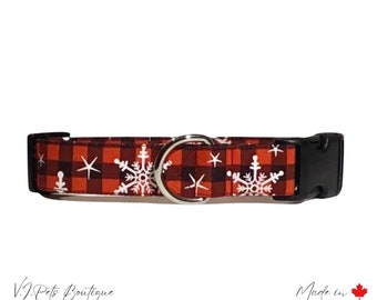 Red & Black Plaid w/ White Snowflakes Dog Collar | Plaid | Winter Christmas Xmas | Unisex | FREE CAN SHIPPING