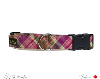 Purple, Pink, Tan & White Flannel Dog Collar | Collier Chienne | Fall Autumne Winter Hiver