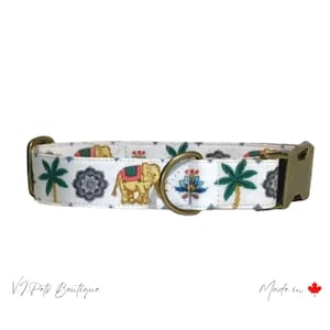 White w/ Gold Elephants & Palm Trees Unisex Dog Collar | Gold Brass | Collier Chien | Summer Collar