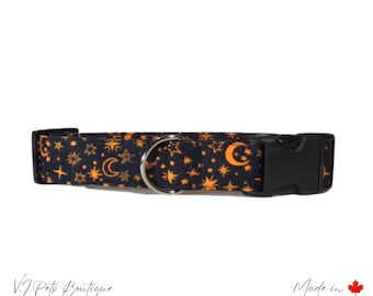 Black w/ Orange Moons & Stars Dog Collar | Celestial | Lune Etoiles | Collier Chien Chienne