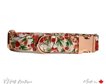 Cream w/ Red & Rose Winter Berries Dog Collar | Fall Autumn | Christmas Holiday | Flowers Floral | Female Dog | FREE CAN SHIPPING