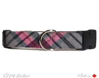 Flannel Female Dog Collar | Grey, Black, Pink | Fall Winter | Collier Chien | Matching Leash | Free CAN Shipping | 5/8"-1"