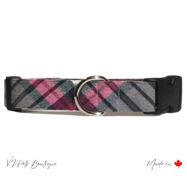 Flannel Female Dog Collar | Grey, Black, Pink | Fall Winter | Collier Chien | Matching Leash | Free CAN Shipping | 5/8"-1"