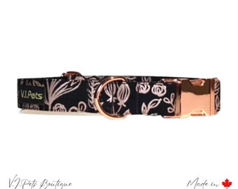 Collier pour chienne noir avec fleurs or rose métallisé | Fleurs | Or rose | Collier Chien | 5/8&quot;-1,5&quot;