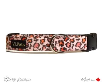 Pink w/Brown Leopard Print Dog Collar | Collier Chienne | 5/8"-1"
