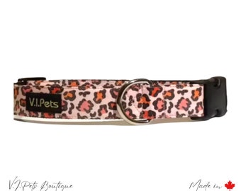 Pink w/Brown Leopard Print Dog Collar | Collier Chienne | 5/8"-1"