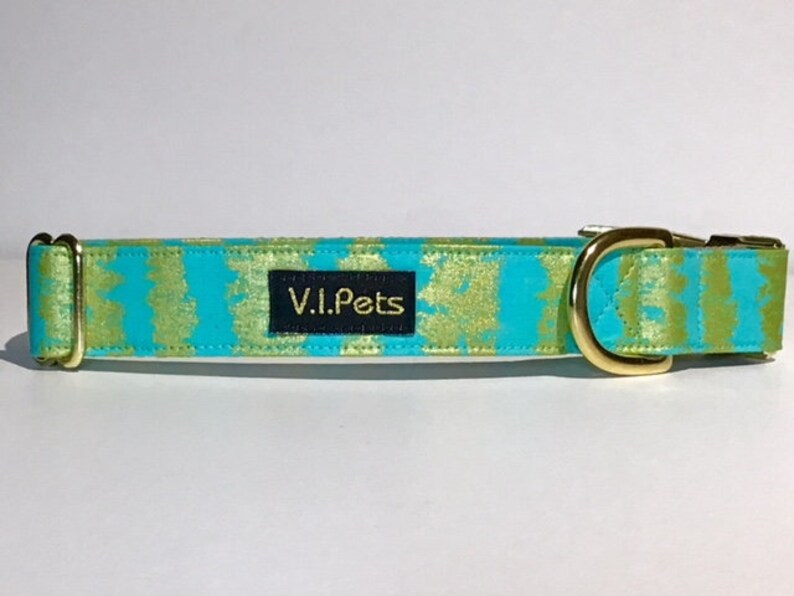 Green Teal with Gold Metallic Fabric Stripes Dog Collar