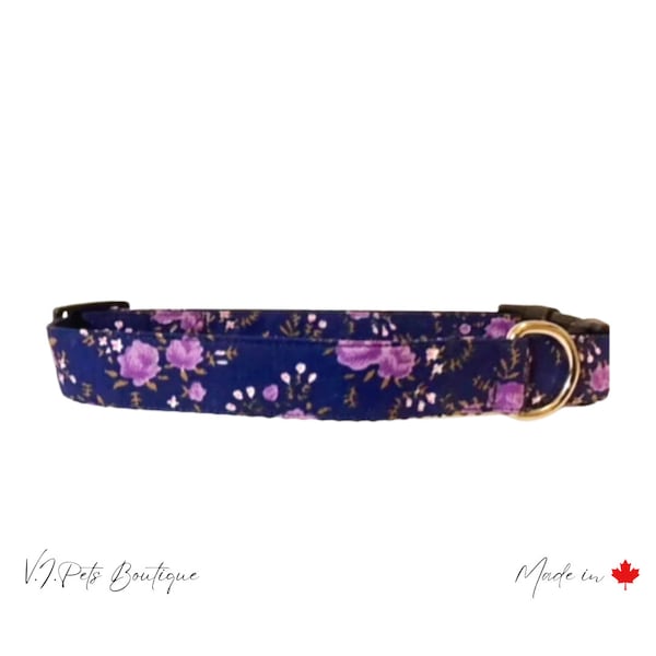 Viola - Navy Blue w/ Purple Flowers Dog Collar | Collier Chienne | Floral Florale Fleurs Roses | Matching Leash | Laisse du Chienne