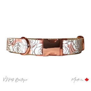 White & Pink w/ Rose Gold Roses Floral Dog Collar | Female Dog | Summer Collar | Flowers | 5/8"-1.5" | Gift for Dog Mom