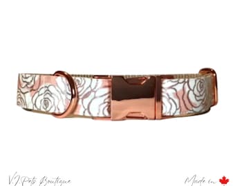 Collier floral pour chien blanc et rose avec roses en or rose | chienne | Collier d&#39;été | Fleurs | 5/8&quot;-1,5&quot; | Cadeau pour chien maman