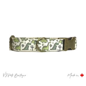 White w/ Green Dinosaurs Dog Collar | Puppy Dog | Cute Collar | Collier Chien | 3/4&quot;-1&quot; XS-XL |  Gift For Dog