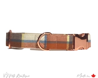 Plaid Unisex Fall Dog Collar | Cream Brown Orange Blue | Autumn | Rose Gold Hardware | Free CAN Shipping | 5/8"-1.5"