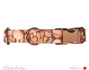 Mushroom print Unisex Dog Collar | Collier Chienne | Fall Autumn Collar | 3/4""-1.5" | Rose Gold Buckle | Mushroom Lover | Matching Leash