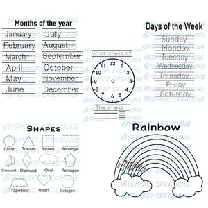 May include: A black and white printable worksheet with activities for learning about months of the year, days of the week, shapes, and a rainbow. The worksheet includes a clock, a rainbow, and various shapes.