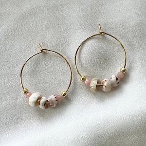 Puka Shell & Pink Opal Hoop Earrings: 14K Goldfilled, Dainty Minimalist Style