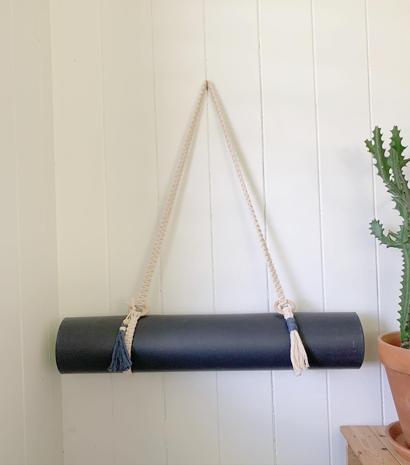 Macrame Yoga Mat Strap With Wooden Bead Tassels and Rings 