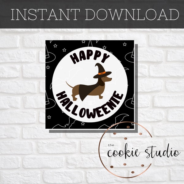 Happy Halloweenie Witchy Weiner Dog Cookie Tag 2” Round or Square